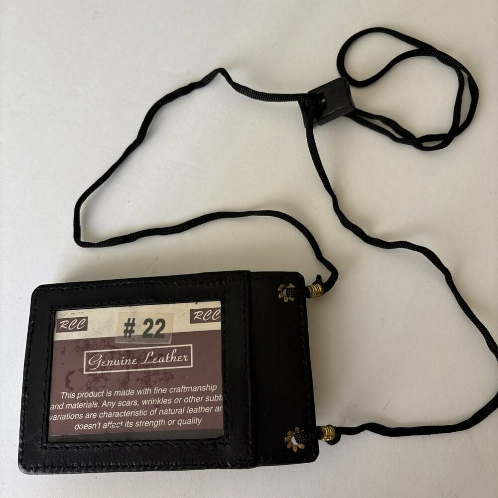 Genuine leather name badge and business card holder with adjustable neck strap
